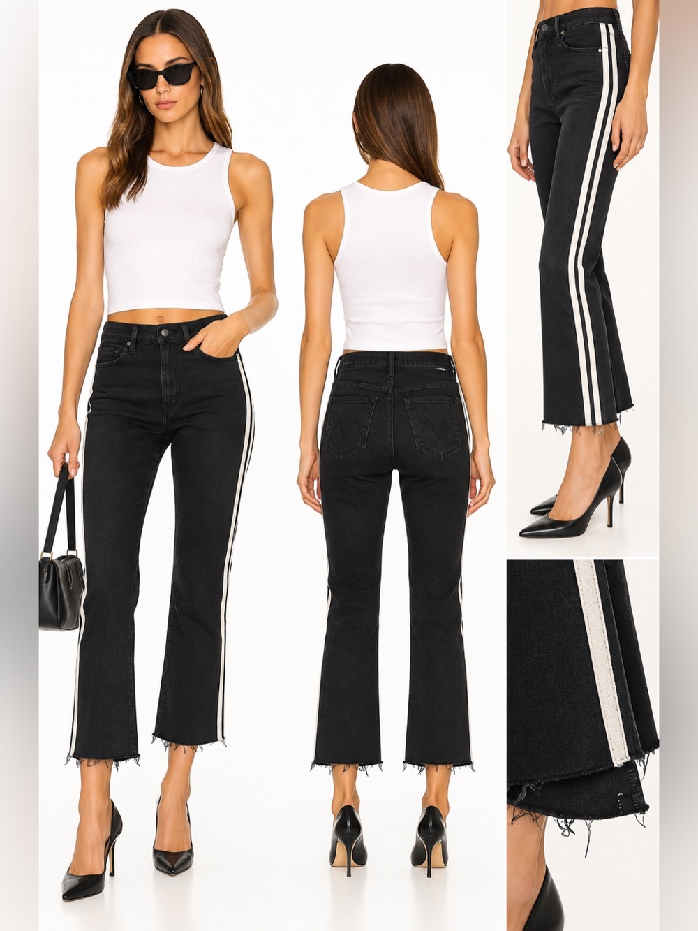 MOTHER Black Cropped Flare Jeans with White Side Stripe